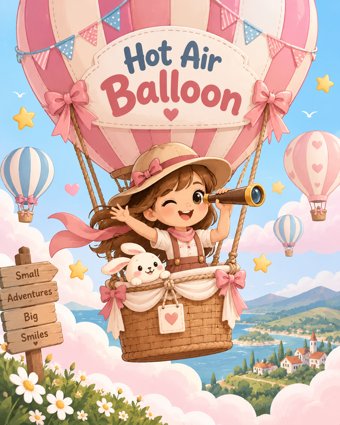 Illustrated child exploring the sky in a hot-air balloon