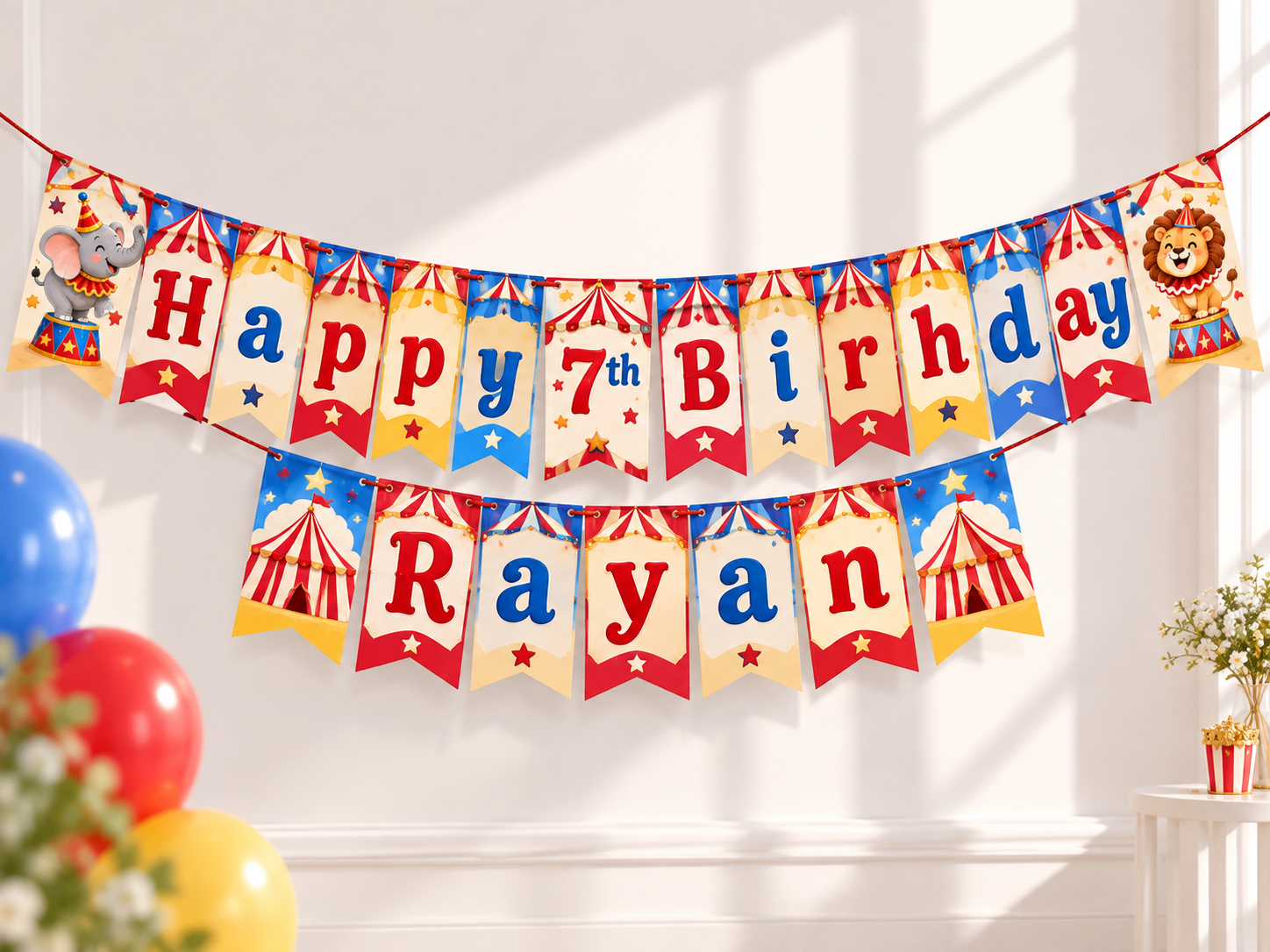 A coordinated circus birthday banner, personalised for Adam turning six