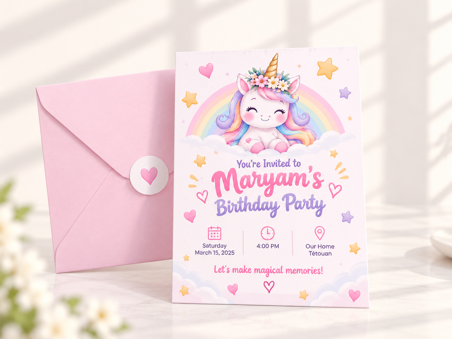 Unicorn invitation with a matching pink envelope
