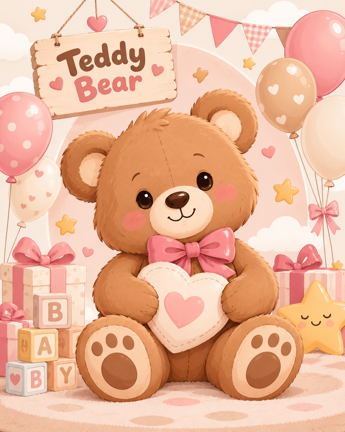 Teddy bear theme artwork with pink balloons and stars