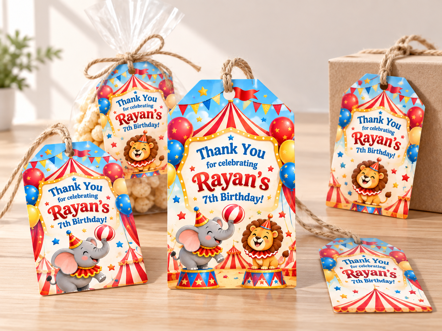 Circus Favor Tags displayed on party favors