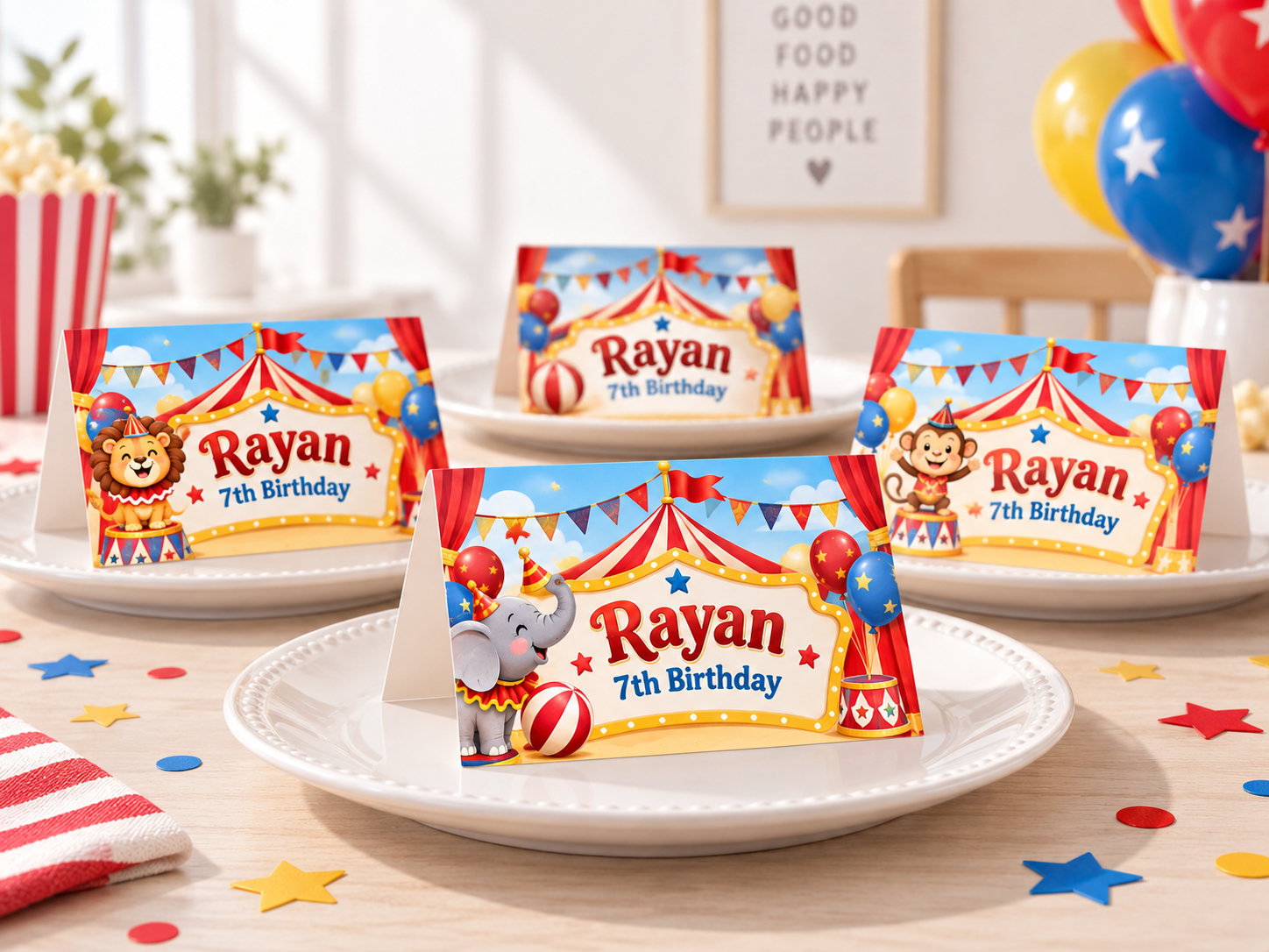 Circus Plate Cards displayed at a party table