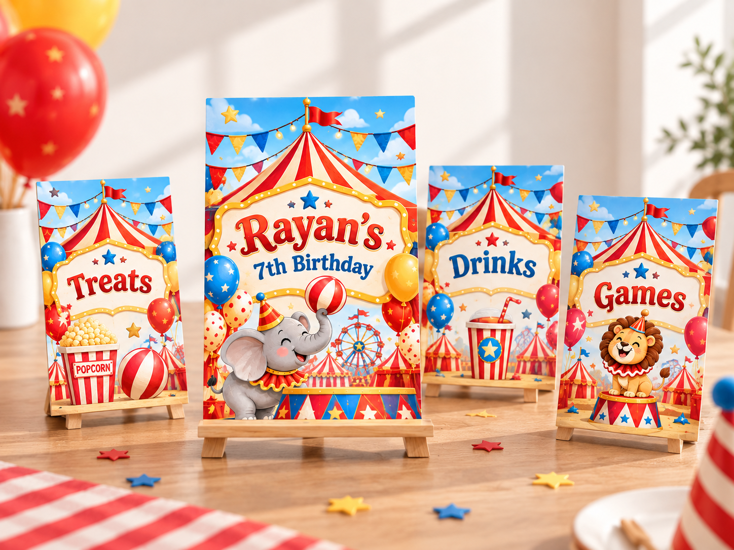 Circus Table Signs displayed at a party table