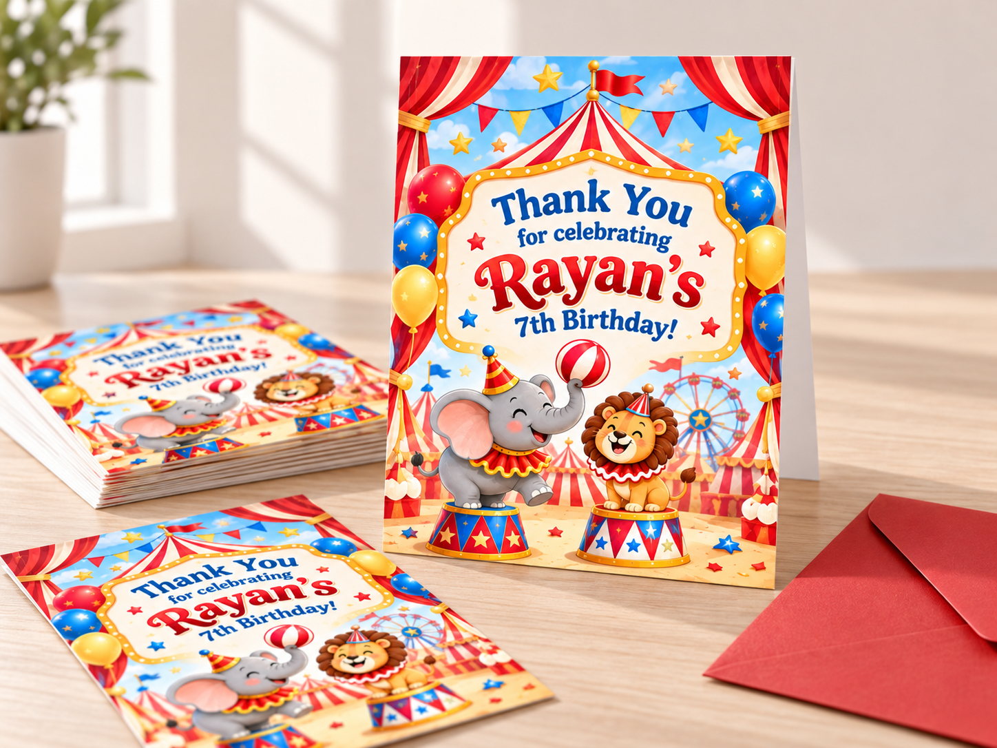 Circus Thank-you Cards displayed with envelopes