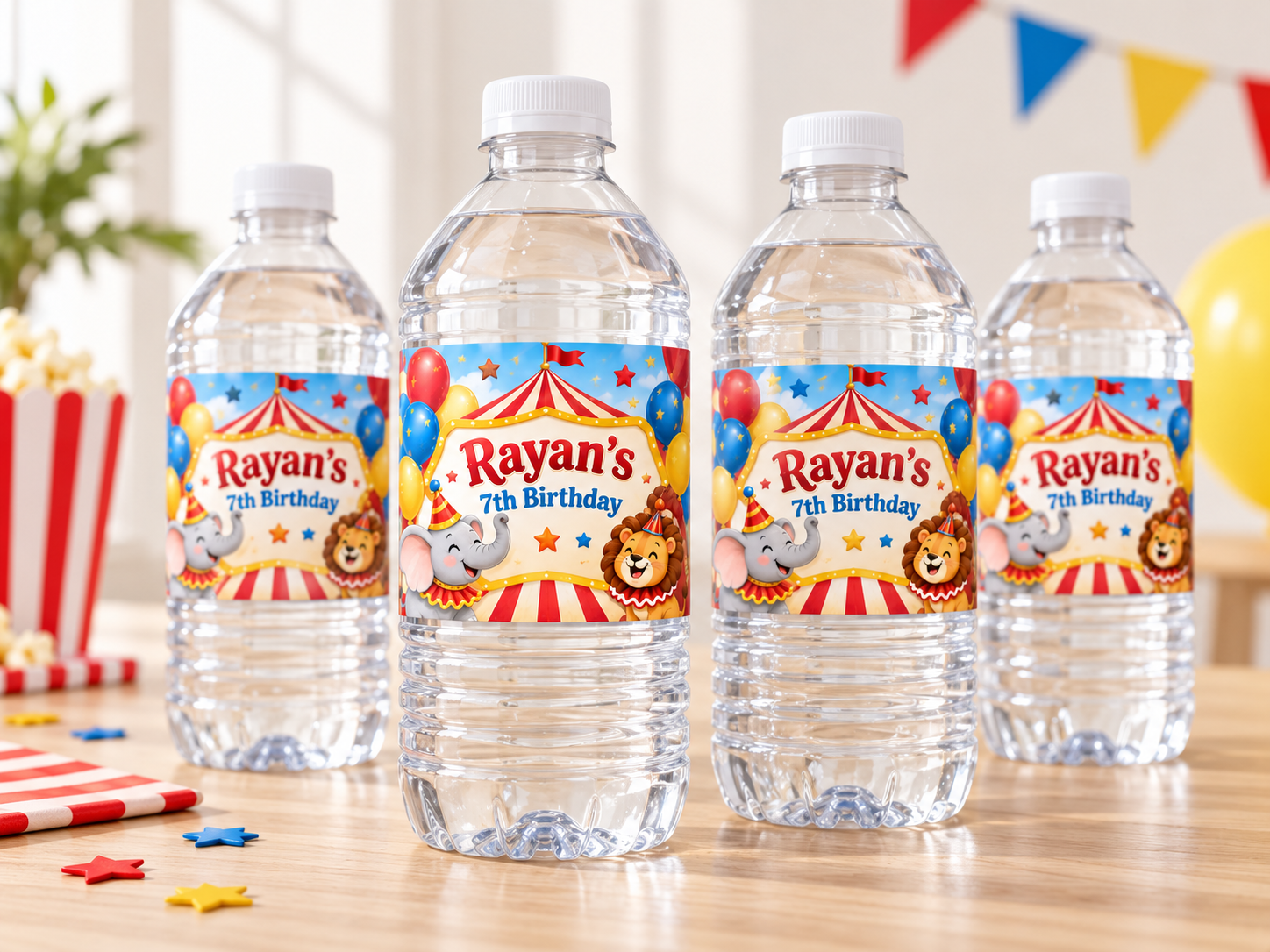 Circus Water Bottle Labels displayed on bottles